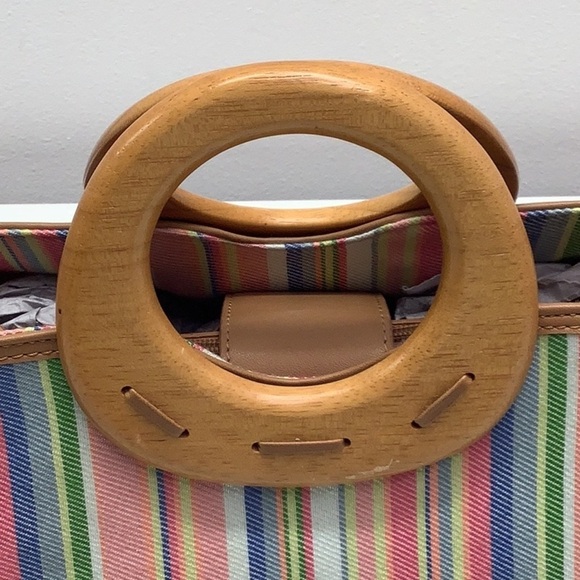 Fossil striped clothe handbag with wood handles Preowned - Picture 2 of 9